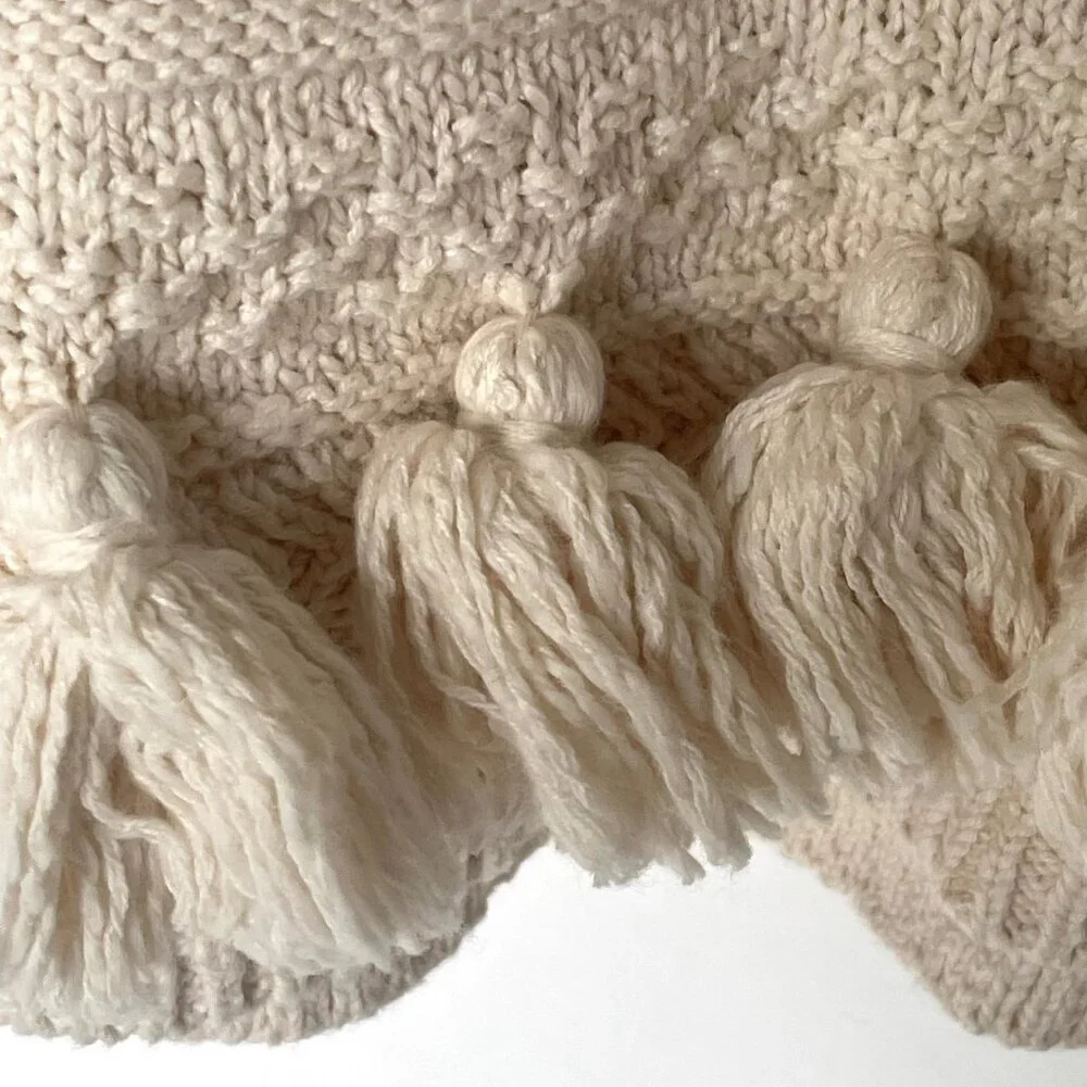 Kate Spade Womens Medium Beige Cotton Chunky Knit Sweater Pompom Hem Crewneck